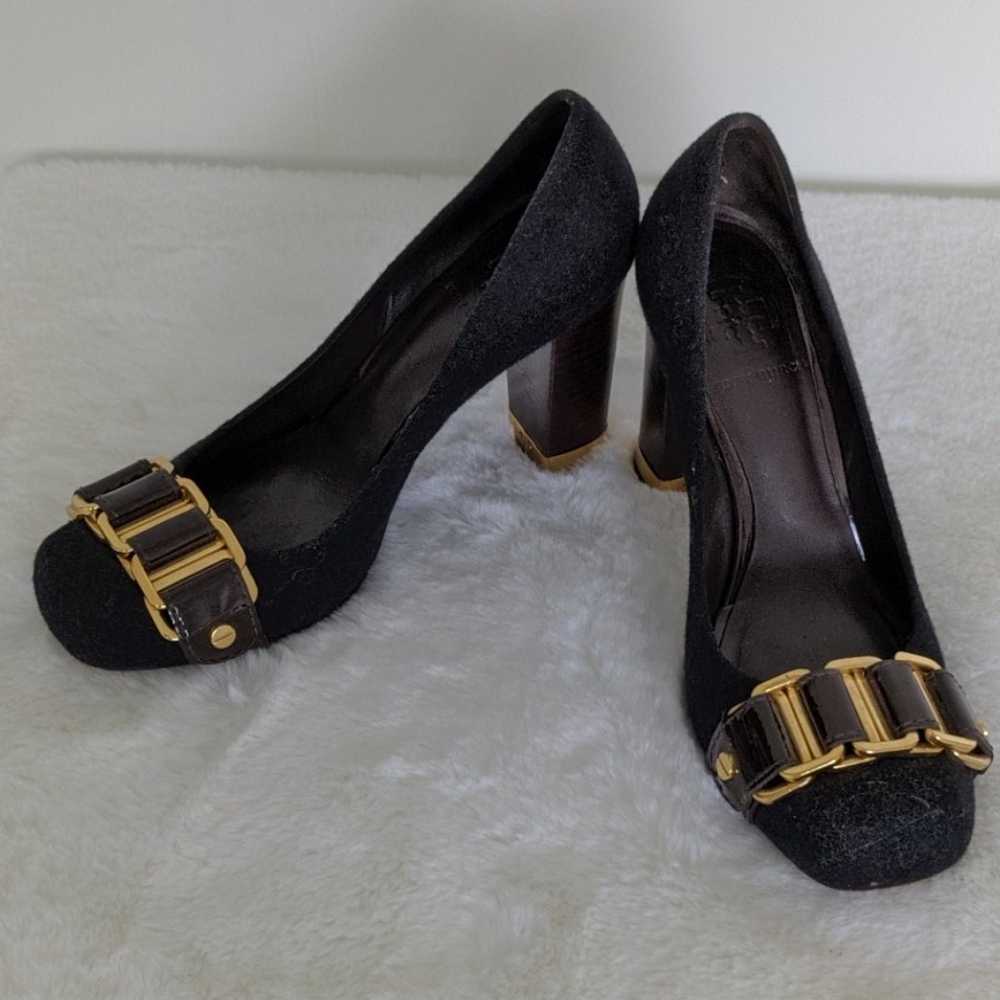 Dark Grey Tory Burch Pumps with Gold Hardware